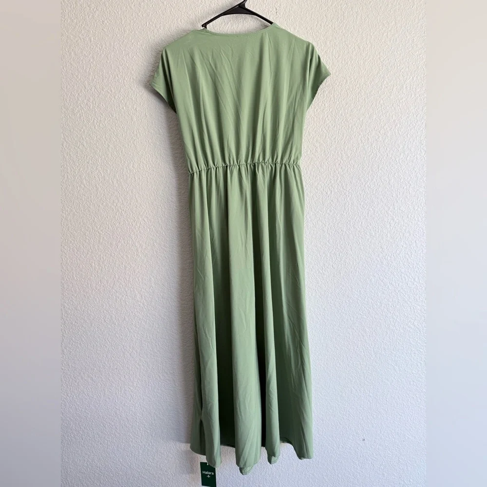 Halara Breezeful Short Sleeve Pocket Tie Back Quick Dry Midi Dress wasabi green - Picture 9 of 9